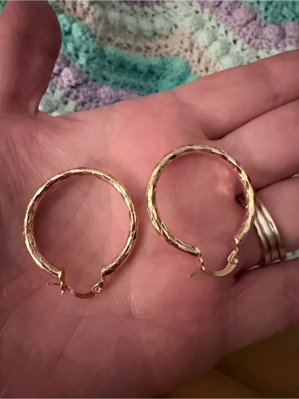 Gold Diamond Cut Textured Hoop Earrings Unworn